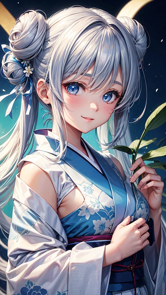 Anime character, half body only, upper body only, half body portrait, posing like a model, good looking, beautiful, full of details, aesthetic, hd, masterpiece art, amazing work. Solo, young girl, hair in bun, one bun, just one bun, flower accessories in bun, bluish gray colored hair, Lady, blue eyes, smile, elegant look, elegant carrying, white Japanese kimono, blue decoration, Lily flower theme, eyes facing camera, there are no hands to hinder the appearance, simple background.