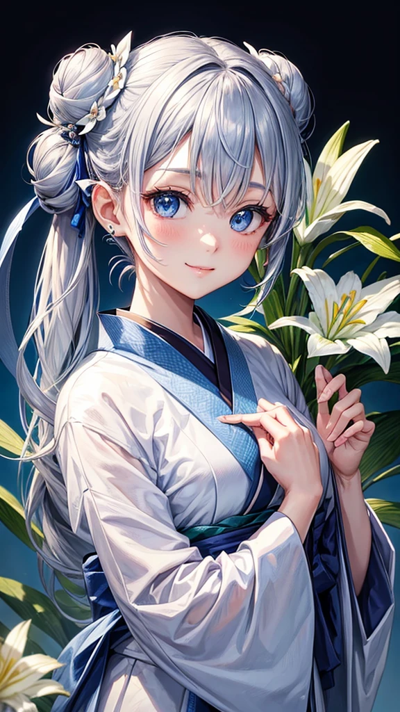 Anime character, half body only, upper body only, half body portrait, posing like a model, good looking, beautiful, full of details, aesthetic, hd, masterpiece art, amazing work. Solo, young girl, hair in bun, one bun, just one bun, flower accessories in bun, bluish gray colored hair, Lady, blue eyes, smile, elegant look, elegant carrying, white Japanese kimono, blue decoration, Lily flower theme, eyes facing camera, there are no hands to hinder the appearance, simple background.