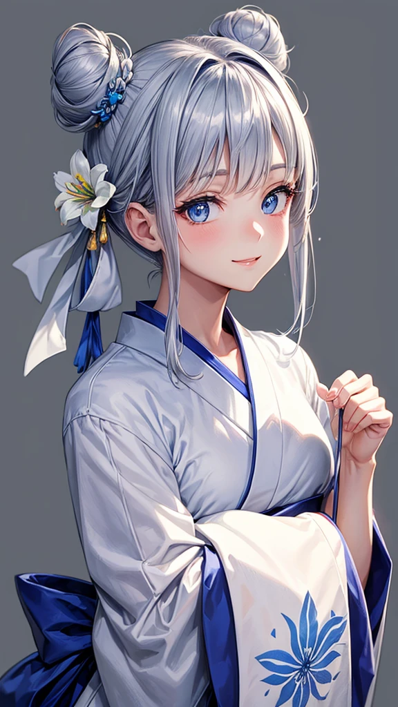 Anime character, half body only, upper body only, half body portrait, posing like a model, good looking, beautiful, full of details, aesthetic, hd, masterpiece art, amazing work. Solo, young girl, hair in bun, one bun, just one bun, flower accessories in bun, bluish gray colored hair, Lady, blue eyes, smile, elegant look, elegant carrying, white Japanese kimono, blue decoration, Lily flower theme, eyes facing camera, there are no hands to hinder the appearance, simple background.