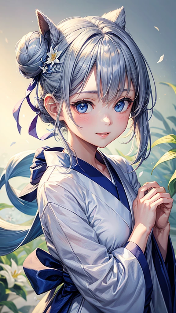 Anime character, half body only, upper body only, half body portrait, posing like a model, good looking, beautiful, full of details, aesthetic, hd, masterpiece art, amazing work. Solo, young girl, hair in bun, one bun, just one bun, flower accessories in bun, bluish gray colored hair, Lady, blue eyes, smile, elegant look, elegant carrying, white Japanese kimono, blue decoration, Lily flower theme, eyes facing camera, there are no hands to hinder the appearance, simple background.