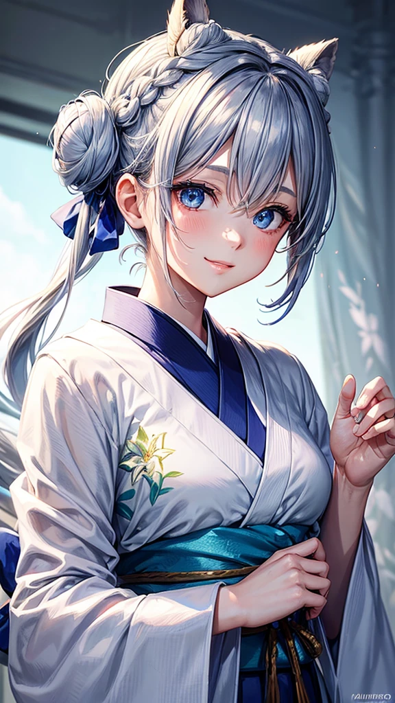 Anime character, half body only, upper body only, half body portrait, posing like a model, good looking, beautiful, full of details, aesthetic, hd, masterpiece art, amazing work. Solo, young girl, hair in bun, one bun, just one bun, flower accessories in bun, bluish gray colored hair, Lady, blue eyes, smile, elegant look, elegant carrying, white Japanese kimono, blue decoration, Lily flower theme, eyes facing camera, there are no hands to hinder the appearance, simple background.