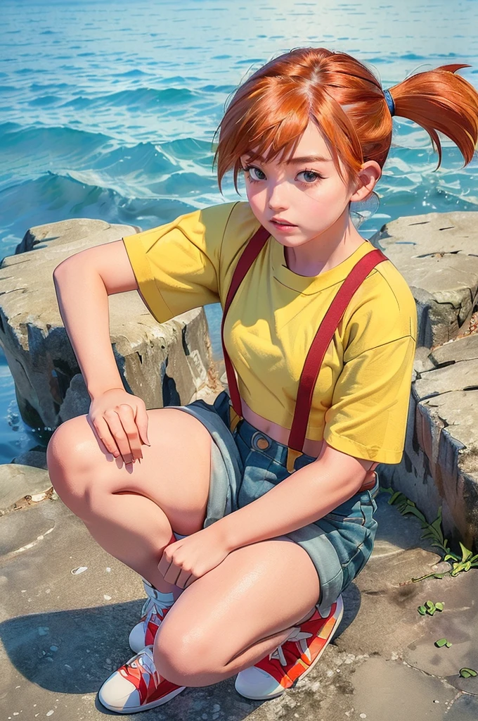 (masterpiece,Highest quality,In 8K,Very detailed,High resolution,Realistic:1.2), (Small plain yellow shirt, Red suspenders, Navy blue risqué denim hot pants, Emphasize the V-line, Beautiful barefoot, White socks, Red sneakers:1.5), (Orange Hair, Short Side Tail:1.3),(Squatting on rocks on a tropical beach:1.5), (Shooting from the thigh up:1.5),(Turn your face slightly to the side:1.2), (18 year old Japanese female:1.3), (Lean upper body:1.3), (Thicken your thighs:1.3), (View of the subject from below:1.2), (Draw the details of the costume:1.3), smile, I can see your teeth, Eyelash extensions,Pink lipstick, Red teak