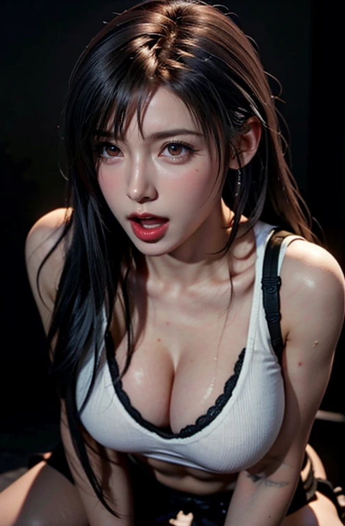 (Photorealistic)、mouthを開けた女性、(大きなmouthを強調: 1.2)、Highest quality、Very delicate and beautiful、High resolution、Beautiful lighting、、((((Blank dark background))))、One Girl、Tifa_Lockhart、Depict the whole body、Strip both upper and lower body naked、(Stripped underwear)、torture、Black-haired、Hair length、Elbow Handbags、Beautiful and detailed red eyes、Facial Light、(from the front、Close-up)、、(Anime-style realistic、Lying in the dark、)、rope、Bend your knees and open your legs wide、Facial lighting、Enlighten、(Upper body)、Face distorted with pain、(bread、shout out loud:1.4)、(Lots of tears)、(look up)、(Gaze overhead)、Wet Eye Makeup、Perfect Face、(Highly detailed eyes、nose、mouth、tongue)、(Begging for forgiveness)、((A large amount of white, translucent, sticky liquid is sprayed..、The skin is wet))、Tears overflow、Excessive drooling、from the frontのアングル、Forced to open legs、Beautiful breasts like a work of art、Artistic areola、Artistic areola