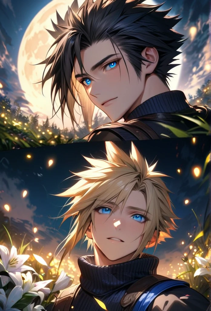 absurdres, highres, ultra detailed, HDR, master piece, best quality, Zack, black hair, expressive blue eyes, Final Fantasy, Cloud Strife, blond hair, expressive blue eyes, 2men together, gay couple, handsome, petals, white lilies, moon, fireflies, extremely detailed face and eyes