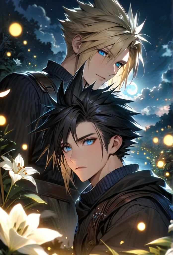 absurdres, highres, ultra detailed, HDR, master piece, best quality, Zack, black hair, expressive blue eyes, Final Fantasy, Cloud Strife, blond hair, expressive blue eyes, 2men together, gay couple, handsome, petals, white lilies, moon, fireflies, extremely detailed face and eyes