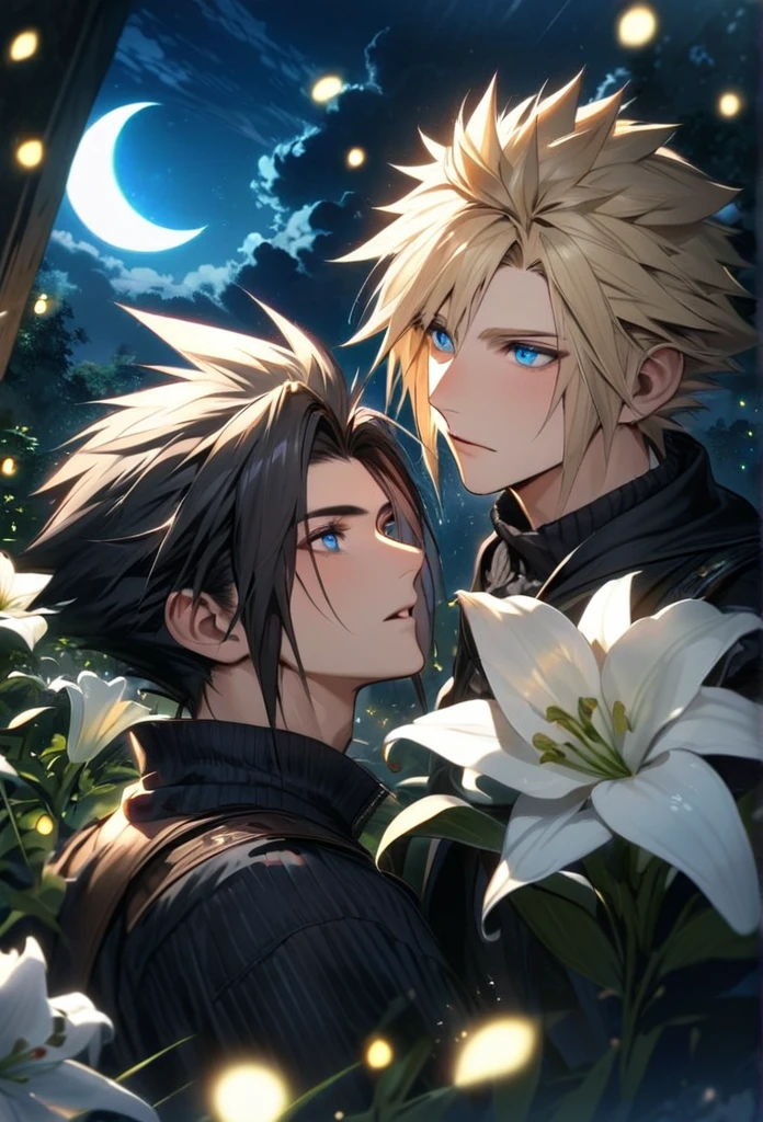 absurdres, highres, ultra detailed, HDR, master piece, best quality, Zack, black hair, expressive blue eyes, Final Fantasy, Cloud Strife, blond hair, expressive blue eyes, 2men together, gay couple, handsome, petals, white lilies, moon, fireflies, extremely detailed face and eyes