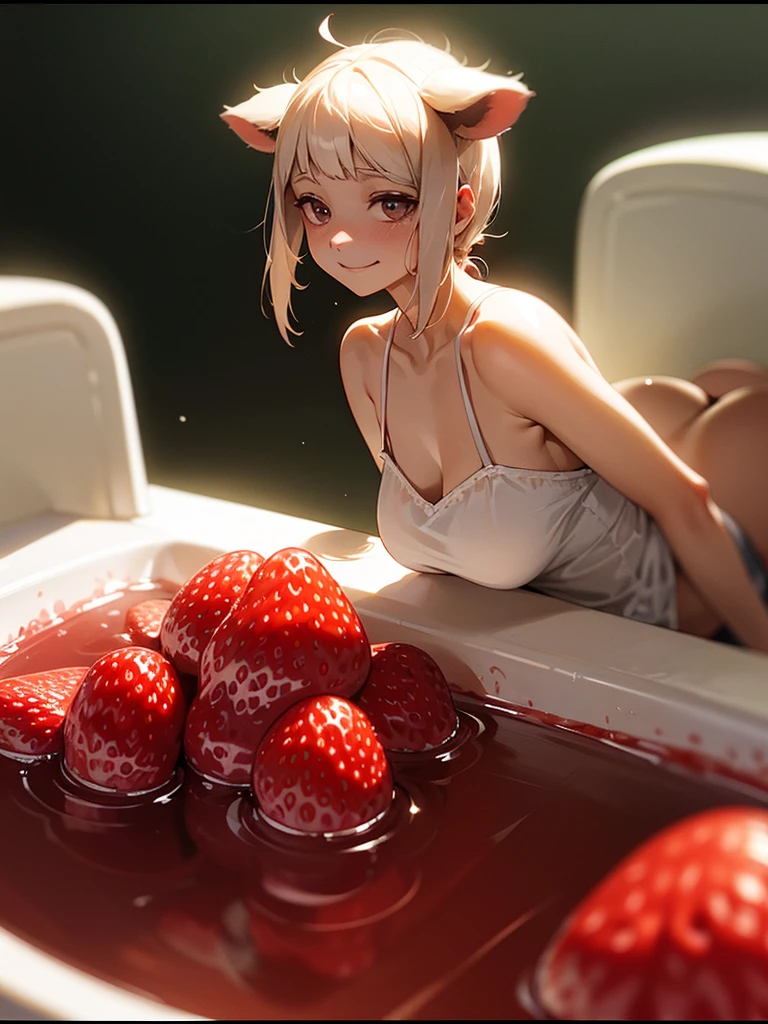 (Sumilux f1.4 50mm , low Latitude old color negative film , cross process , bokeh, flare, chromatic aberration , soft focus, (Shallow focus) , soft glow , Maximum aperture, low Key , Transparent depiction)  , horror style , coquettish , furry Dairy cow mom , short camisole , in the strawberry jam bath , (Strawberry jam splashes) , (Blank look , creepy smile) , Menstruation , Palpitations