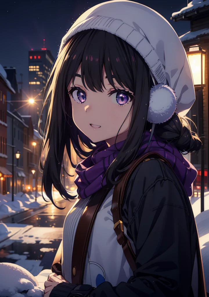 Takiuchikami,Long Hair, bangs, Black Hair, (Purple eyes:1.2),happy smile, smile, Open your mouth,Knitted hat,Earmuffs,Blue oversized coat,White scarf,Long skirt,Black pantyhose,short boots,snowが積もっている,snowが降っている,winter,Cold Sky,night,moonlight,snow,snow,snow,snow,whole bodyがイラストに入るように,Walking,
break looking at viewer, whole body,
break outdoors, city,construction area,
break (masterpiece:1.2), highest qualそれy, High resolution, unそれy 8k wallpaper, (shape:0.8), (Beautiful and beautiful eyes:1.6), Highly detailed face, Perfect lighting, Extremely detailed CG, (Perfect hands, Perfect Anatomy),