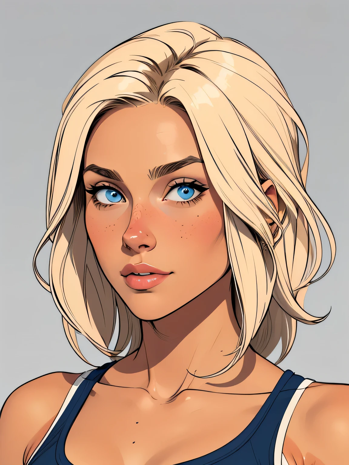 
Flat colors,close-up, portrait,  of a 25 year old surfer looking girl, tan skin, ([blue eyes]) Beach blonde salty hair, natural beaty, beautiful, casual, blue tank top, masterpiece, (([Simple grey background]))
