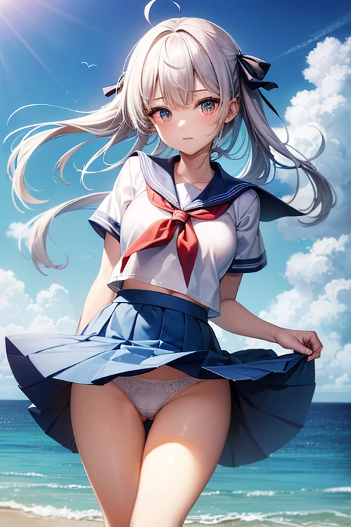 (master_piece, high_quality, beautiful, super delicate, absurdres:1.2), 1girl, mature, , beautiful face, ahoge, hair fluttering in the wind, white hair, blue eye, (sailor suit, long skirt, The wind is blowing, Skirt flipped up, I can see your underwear, skirt that flipped in the wind, skirt billowing, I can see your underwear, wind lift:1.2), port, (clear water, gemstone sea:1.2), Ship in the distance, The trails that planes make, blue sky, Sunshine, street in the distance,