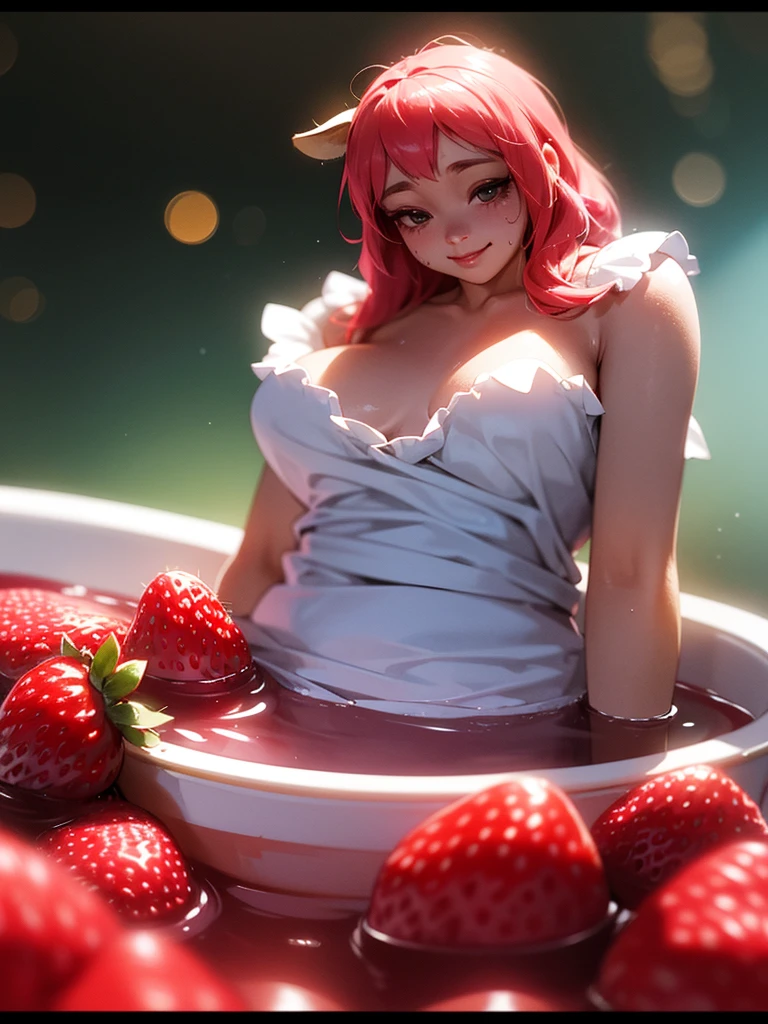 (Sumilux f1.4 50mm , low Latitude old color negative film , cross process , bokeh, flare, chromatic aberration , soft focus, (Shallow focus) , soft glow , Maximum aperture, low Key , Transparent depiction) , horror style , coquettish , furry Dairy cow mom , short camisole , in the strawberry jam bath , (Strawberry jam splashes) , (Blank look , creepy smile) , Menstruation , Palpitations