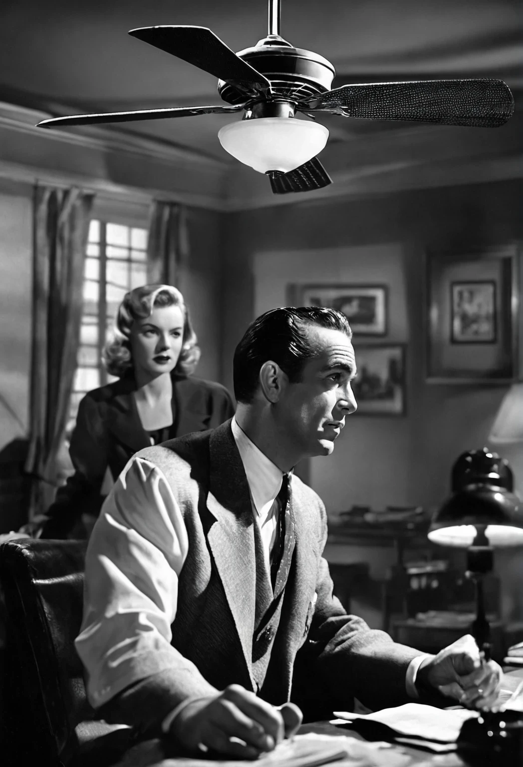 In the background, a man is sitting at a desk with a fan on., classic Dark Movies scene, Noir filmのシーン, 1 9 4 0 s Dark Movies, Noir film still, Dark Movies realistic, Noir film, Dark Movies, vintage noir, Dark Movies style, Dark Movies lighting, gritty Dark Movies, 1950s Dark Movies, From a scene in a movie