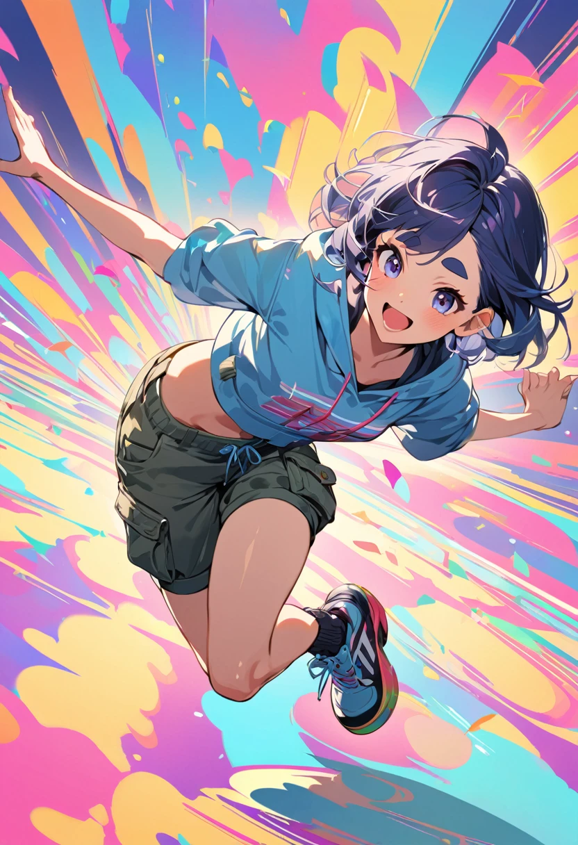 (masterpiece, best quality:1.1), (ultra highres, ultra-detailed:1.2),pop-art style,Dance,Artistic jump,breakdance,breakin',Strenuous movements,vibrancy,solo,Fluttering hair,japanese e Babight smile,half-open mouth,(cropped cargo pants,hoodie,platform sneakers),(delicate detailed fingers,Detailed body,detailed arms,human hand),(beautiful Detailed face),dynamic pose,enjoy dancing,at dance club BREAK (girl,16yo,deed face,(darkblue hair, wavy-short hair),middle thick eyebrows,middle small breasts),