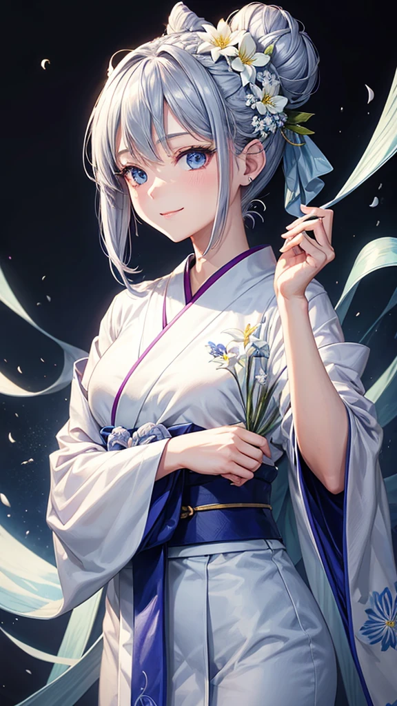 Anime character, half body only, upper body only, half body portrait, posing like a model, good looking, beautiful, full of details, aesthetic, hd, masterpiece art, amazing work. Solo, young girl, hair in bun, one bun, just one bun, flower accessories in bun, bluish gray colored hair, Lady, blue eyes, smile, elegant look, elegant carrying, white Japanese kimono, blue decoration, Lily flower theme, eyes facing camera, there are no hands to hinder the appearance, simple background.