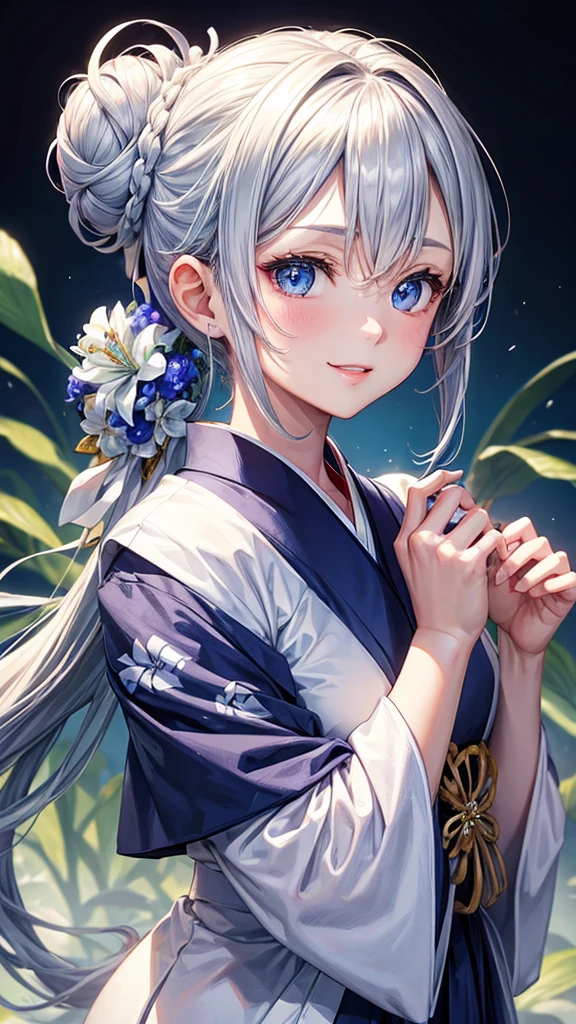 Anime character, half body only, upper body only, half body portrait, posing like a model, good looking, beautiful, full of details, aesthetic, hd, masterpiece art, amazing work. Solo, young girl, hair in bun, one bun, just one bun, flower accessories in bun, bluish gray colored hair, Lady, blue eyes, smile, elegant look, elegant carrying, white Japanese kimono, blue decoration, Lily flower theme, eyes facing camera, there are no hands to hinder the appearance, simple background.