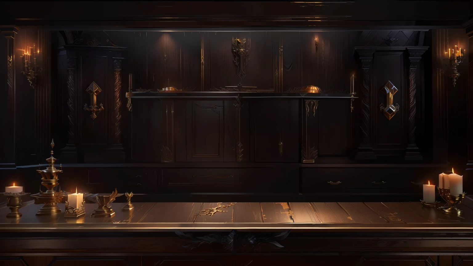 European décor，Weapon racks，Treasure Chest，gold，old，Wood Grain，Treasure and candles，wall lamp, Bar Background, Front desk close-up，table, Treasure Cabinet, Indoor Background Art Game Art，Diablo concept art，Realistic dark concept art，4K
