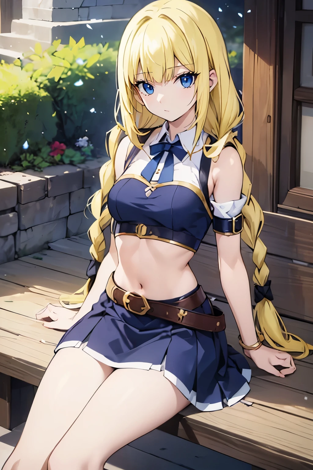 fairy_tail_style, solo, 1 girl, (young female body:1.4), (medium small breasts), golden yellow hair, extra long hair, blunt bangs, crystal blue eyes, very detailed eyes, cowboy shot, detailed eyes, town background, medieval town, fantasy, braided hair, yellow hair, adventuer girl, medieval fantasy, medieval clothes, sitting on a bench, short dark blue crop top, white skirt, belt, stockings, boots, short detached sleeves, short sleeves, white long skirt, dark blue top, ribbons, one leg up, bent knee, tigh belt, bow, twin braids,