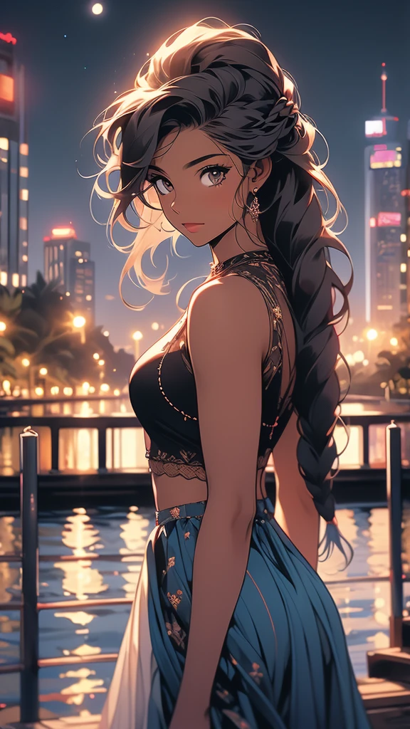 a woman with a braid standing on a pier looking at the river, 1girl, solo, braid, long hair, night, dark-skinned female, moon, dark skin, cityscape, city lights