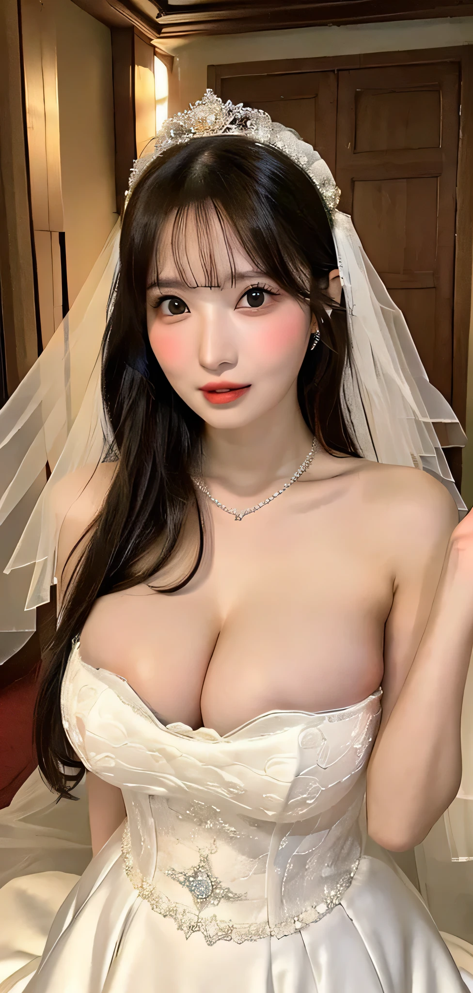 ((RAW images)),(Tabletop),(Highest quality, Realistic, In detail, High resolution, 8k wallpaper),(Super Detail),((Very delicate and beautiful)),Focus on the characters,Dynamic Angle,View your viewers,((alone)),Are standing,((whole body)),((A princess wearing a gorgeous ball gown wedding dress with a voluminous skirt)),((June Bride)),Detailed face and eyes,Jewel-like eyes,((Very long and voluminous hair)),Gorgeous embroidery and lace,((Gorgeous corsage)),See through,(Gorgeous Jewelry Ornaments),Luxury hair accessories,Gorgeous jeweled tiara,Gorgeous frills,((Super Breasts)),indoor,Church wedding,((whole body)),Hoop skirt,crinoline,very long wedding veil,(((A mix of bejeweled wedding dresses and lavishly embroidered Rococo ball gowns))), (((Very large breasts bigger than a face:1.95))), ((Beautiful golden ratio face)), ((A very beautiful bride who attracts attention from everyone around her))