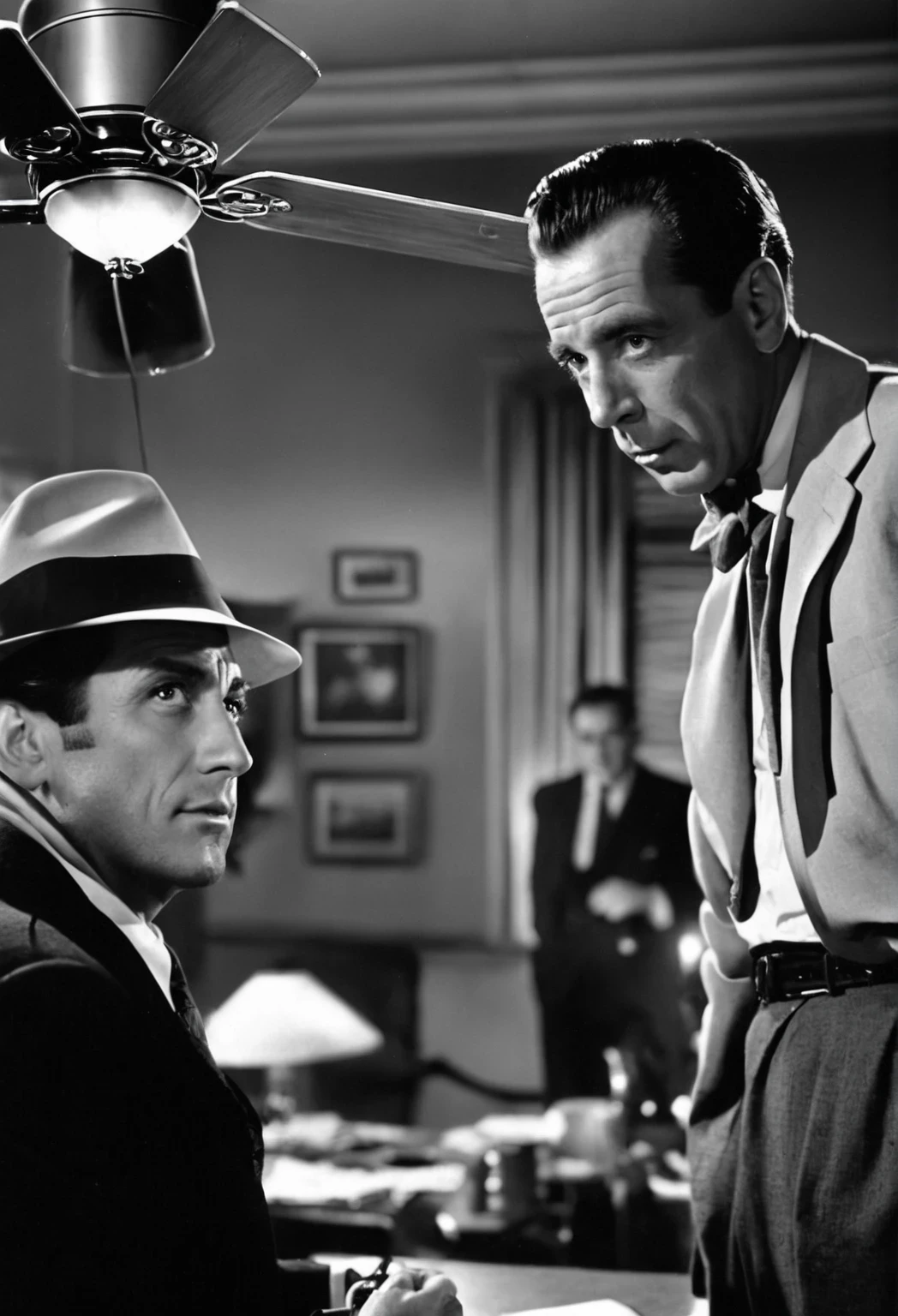 In the background, a man is sitting at a desk with a fan on., classic Dark Movies scene, Noir filmのシーン, 1 9 4 0 s Dark Movies, Noir film still, Dark Movies realistic, Noir film, Dark Movies, vintage noir, Dark Movies style, Dark Movies lighting, gritty Dark Movies, 1950s Dark Movies, From a scene in a movie
