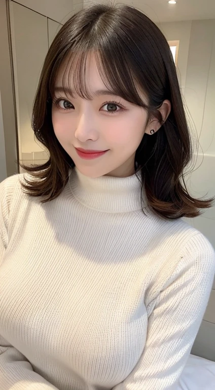 ((smile)), ((Big Breasts)), Knitted dress with white turtleneck