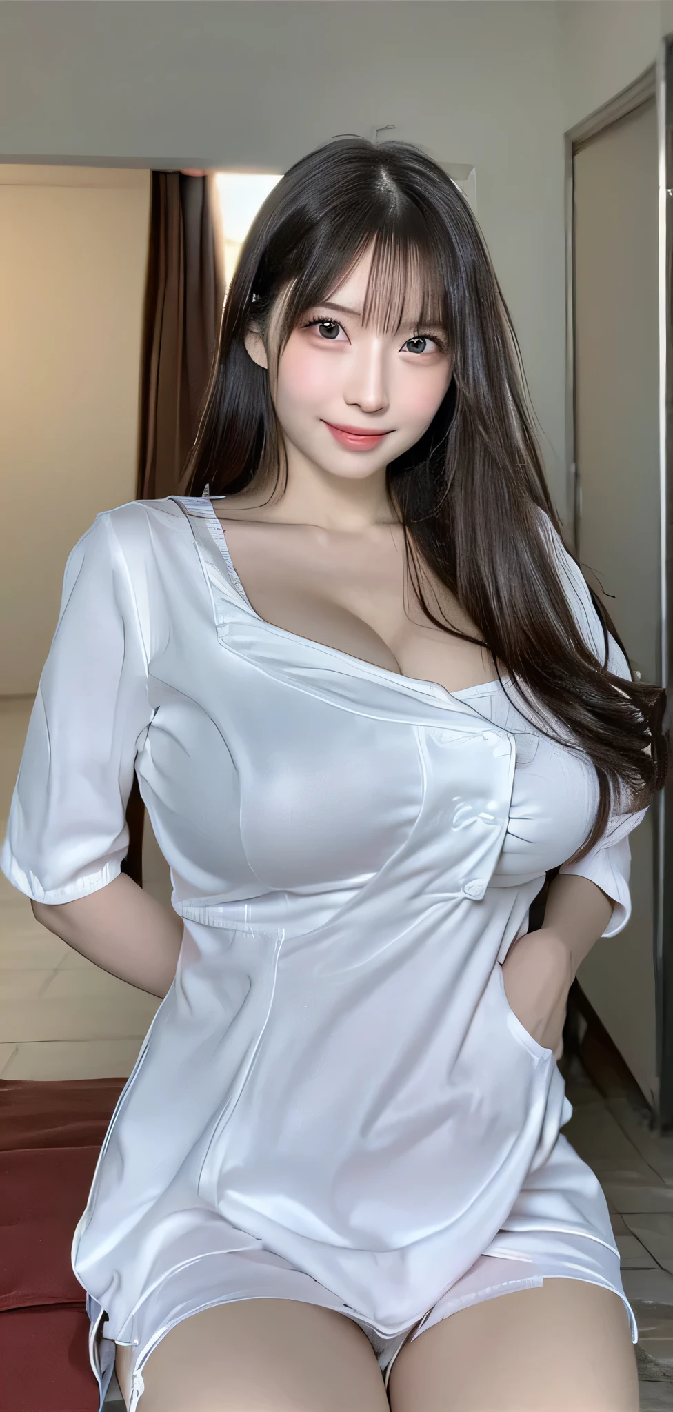 (Realistic silk panties:1.3),(Look directly at the viewer:1.5),(Big smile:1.2)32K, masterpiece, RAW Photos, Highest quality, Realistic, Highly detailed CG Unity 32K wallpaper, Depth of written boundary, Cinematic Light, Lens flare, Ray Tracing, (Very beautiful face, Beautiful Lips, Beautiful Eyes), Complex and detailed face, ((Highly detailed skin)) One Girl, Deep Shadow, Cutest Japan Girls, Super Idol, 1 girl,(Smile:1.3), Clear Eyes, Front shot, (Pale skin), (Big eyes:1.2), Look forward, (Brown Hair), Thick thighs, (Japanese School Uniform:1.1),(double eyelid:1.3),Long eyelashes,(White panties:1.2),Balanced and elegant face,(Small Mouth:1.1),Droopy eyes, Cute ass, Big Hips, ((Big Bust:1.95))