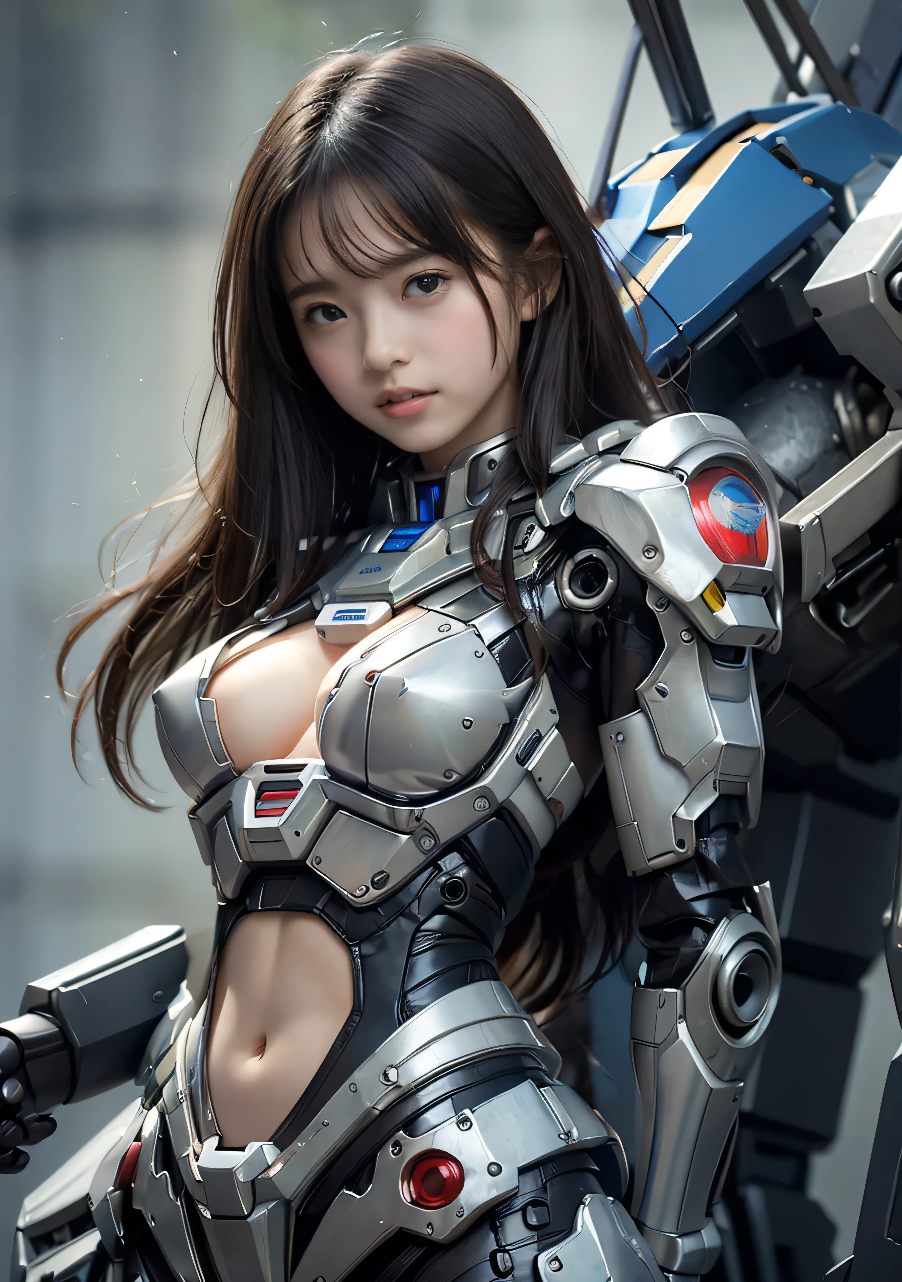 (masterpiece, 最high quality:1.2), 8k, Young and beautiful girl, Tabletop,Official AR RAW Photos, 、14 years ul black hair, (((Big Breasts:1.4))), Cleavage, Raw skin shoulder, Rough skin, (Completely naked:1.4), Mechanical parts that hide nipples, (Exposed lower abdomen:1.4), Machine parts attached to the crotch, The lower half of the body with exposed bare skin, Thin pubic hair, Very detailed, Advanced Details, high quality, 最high quality, High resolution, 1080P, hard disk, beautiful,(Gundam), Battle Mode,She wears a futuristic Gundam mecha, (Blurred Background:1.4),