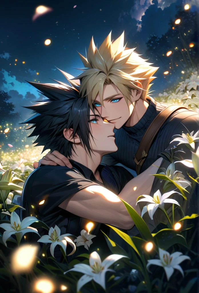 absurdres, highres, ultra detailed, HDR, master piece, best quality, Zack, black hair, expressive blue eyes, Final Fantasy, Cloud Strife, blond hair, expressive blue eyes, 2men together, gay couple, handsome, petals, white lilies, moon, fireflies, extremely detailed face and eyes