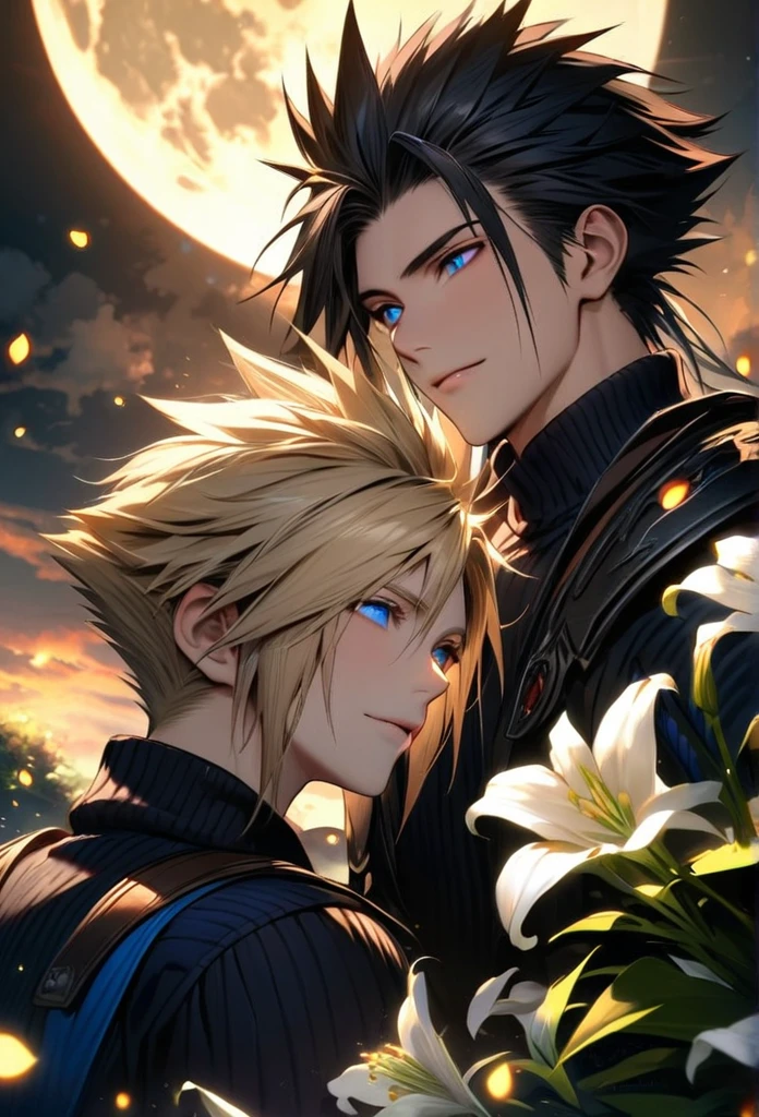 absurdres, highres, ultra detailed, HDR, master piece, best quality, Zack, black hair, expressive blue eyes, Final Fantasy, Cloud Strife, blond hair, expressive blue eyes, 2men together, gay couple, handsome, petals, white lilies, moon, fireflies, extremely detailed face and eyes