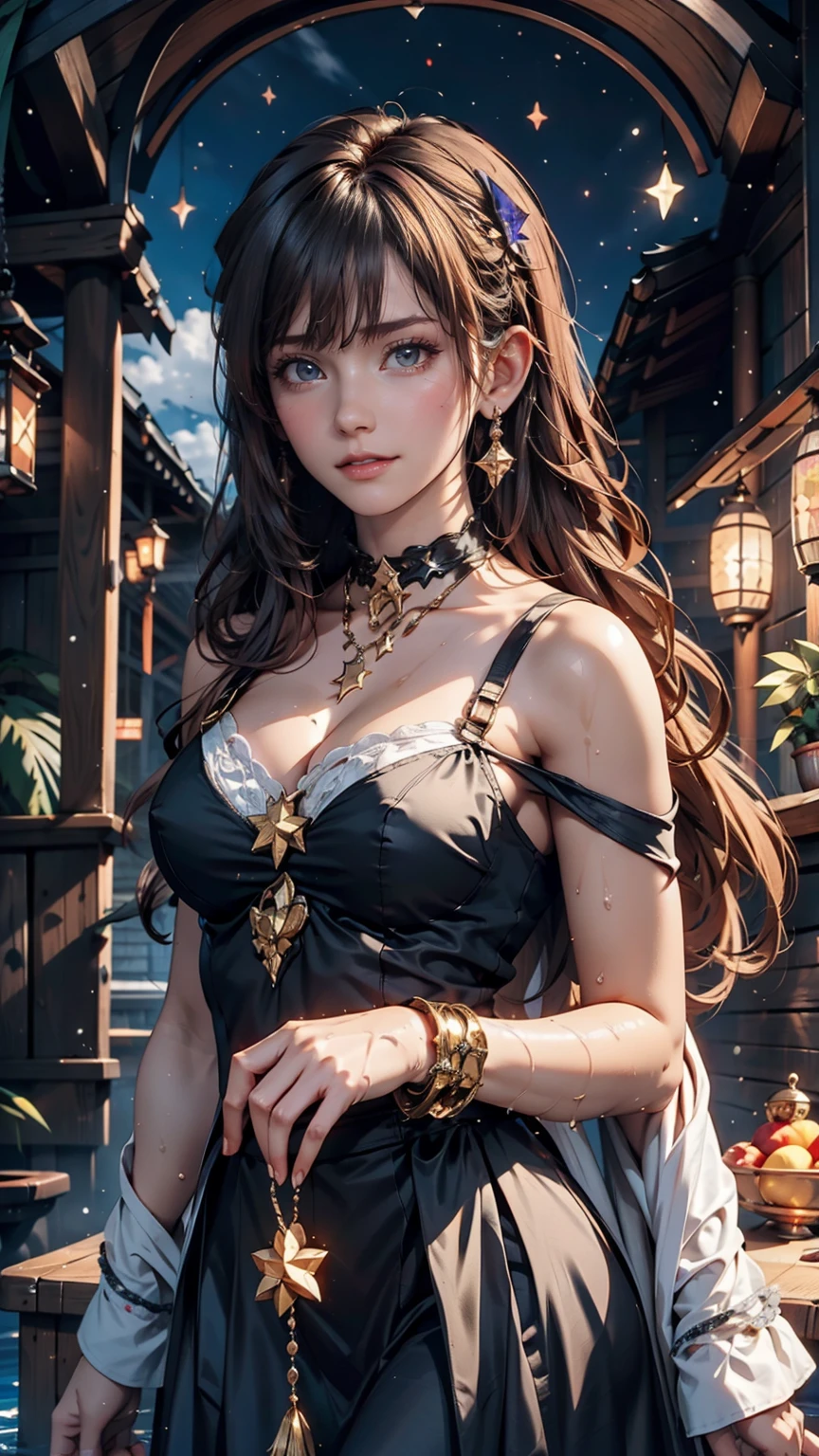 girl, Located on the corner, looking at the null, alone, Mona (Genshin Impact), choker, Hair between the eyes, star (symbol), Long Hair, Dark purple hair, Twin tails, blue eyes, Shining Eyes, jewelry, witch, Maid, bangs, Purple black dress, Purple Skirt, White apron, landscape, night null, star (null), starry null, night, Outdoor, cloud, reflection, water, magic, Tarot, water magic, ((beautiful golden crystal star)), null間, water droplets, splash