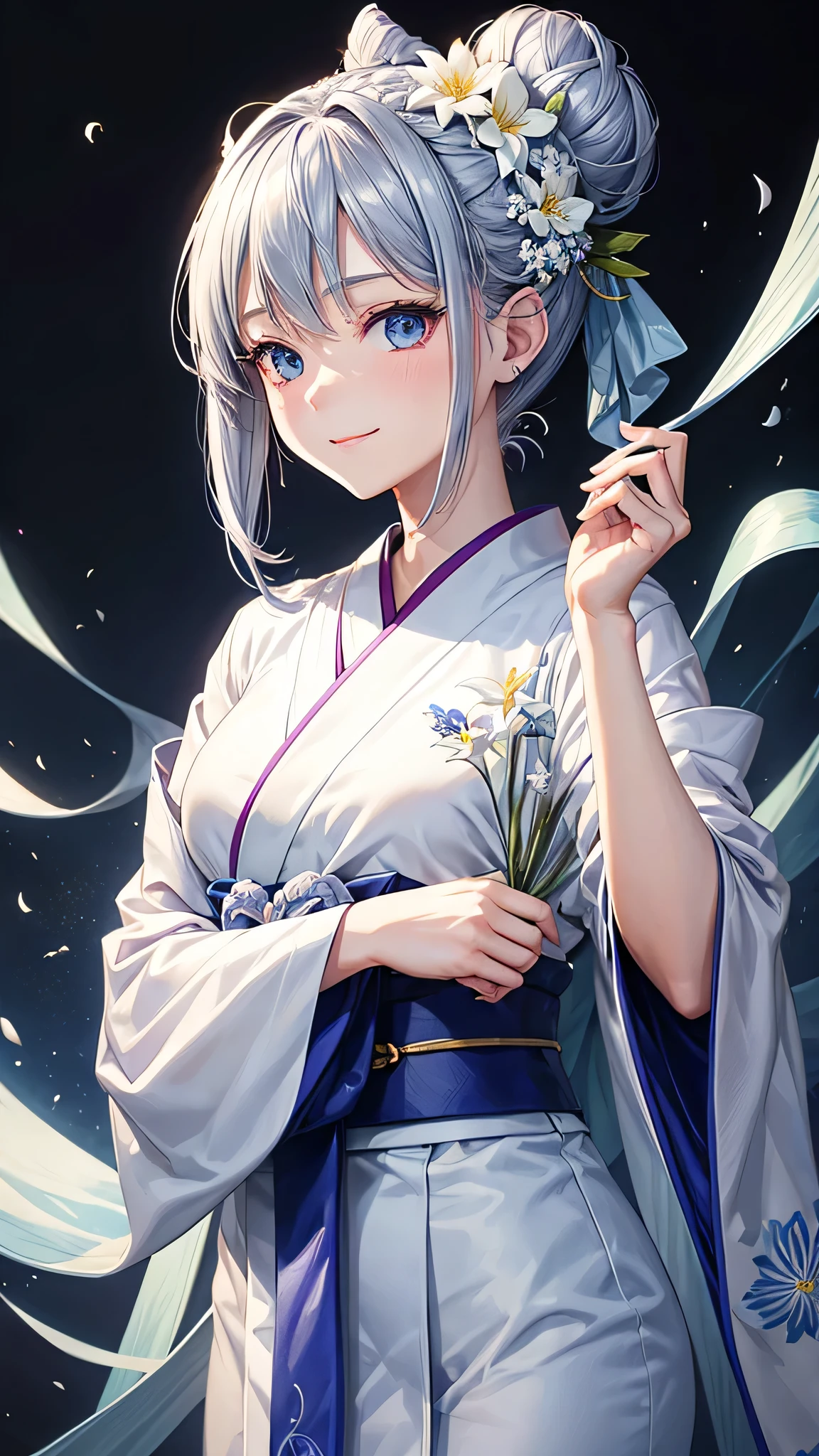 Anime character, half body only, upper body only, half body portrait, posing like a model, good looking, beautiful, full of details, aesthetic, hd, masterpiece art, amazing work. Solo, young girl, hair in bun, one bun, just one bun, flower accessories in bun, bluish gray colored hair, Lady, blue eyes, smile, elegant look, elegant carrying, white Japanese kimono, blue decoration, Lily flower theme, eyes facing camera, there are no hands to hinder the appearance, simple background.