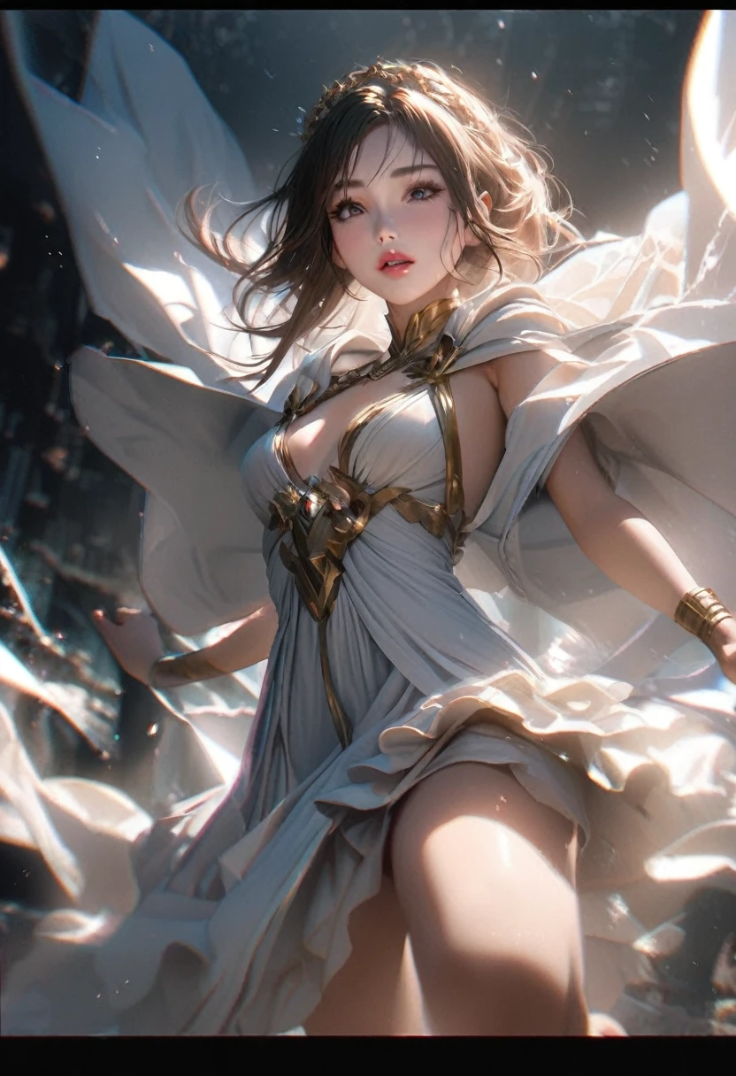 8k, RAW Photos, Realistic:1.25) ,( Lip gloss, eyelash, Glossy surface, Glowing Skin, Highest quality, Ultra-high resolution, Written boundary depth, chromatic aberration, Caustics, Wide Lighting, Natural Shading,K-POPアイドル) She stares silently at the viewer, Happiness like a goddess.Bouncing,A girl is jumping,Jumping up,Beautiful legs,Water splashes rise,Jumping depiction,