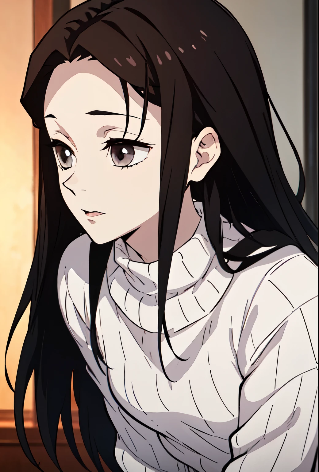 Girl, long brown hair, hime cut, grey eyes, sharp features, white skin, pink lips, sweater