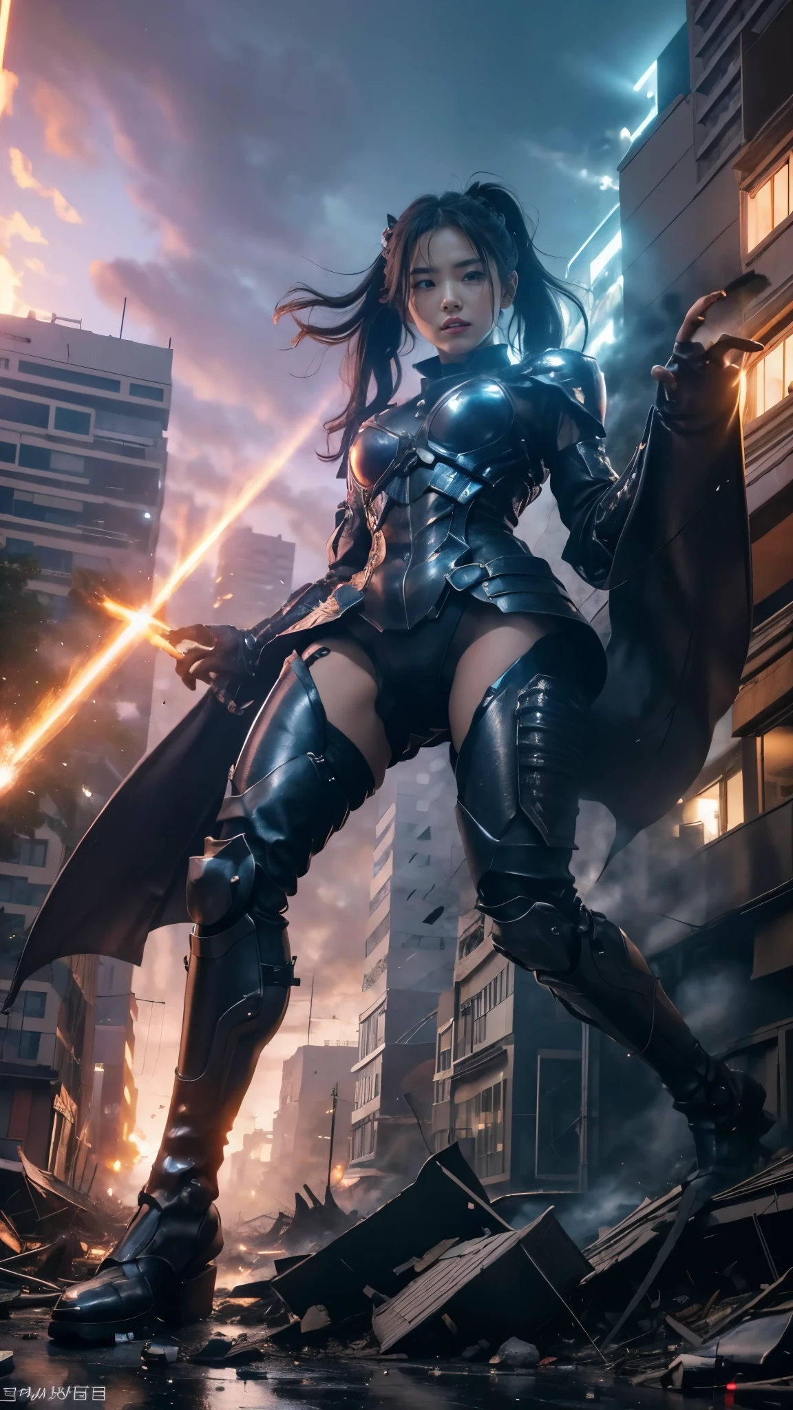 (giant element, high resolution, high quality, accurate body structure, detailed body), sexy, battle suit, towering giant girl, looking up at approaching woman from below, giant attacks city, cute, girl destroying small town, destroying small town, mischievous expression, Japanese, white skin, smiling, trampling, rubble, burning small town, destroyed small building, collapsed highway, car being crushed, evacuation of residents, sunset, burning small town, please, walk, trampling, anatomically correct, accurate human body, accurate skeleton, full body portrait, blue eyes, rubble scattered at feet, taller than skyscrapers, big impact, draw woman big, increase destructive element, make city small, rampaging, city, building, monster, light beam from girl's hand, magic, shock wave from girl's hand, Godzilla, war, fight Godzilla,