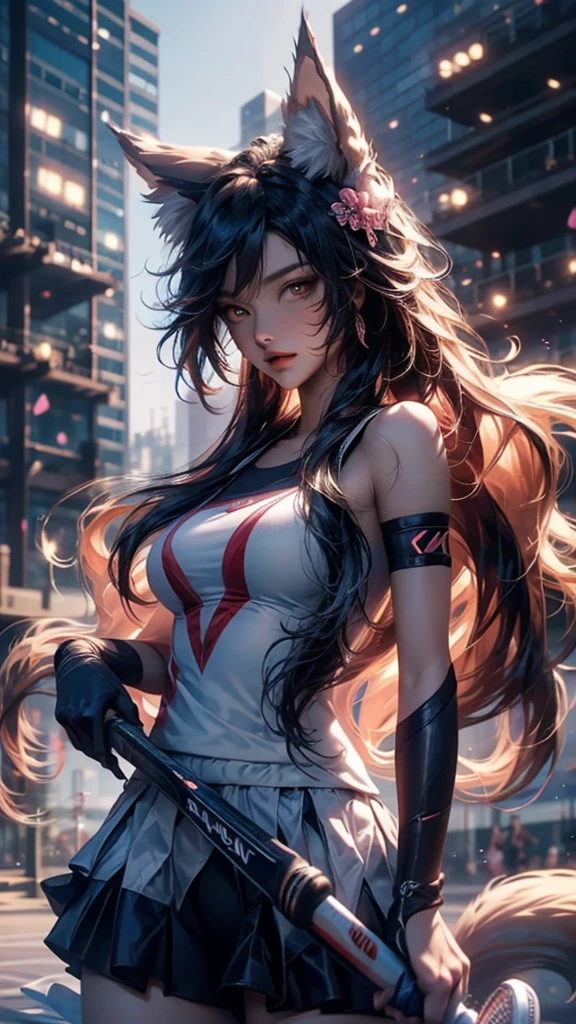 （（High quality，Movie quality，quality，Extreme details，Masterpiece detail eye)),sports center,exciting game,Japanese nine-tailed fox girl,Long flowing hair,Wear sportswear,on the tennis court（play tennis）,swinging a tennis racket,During the game