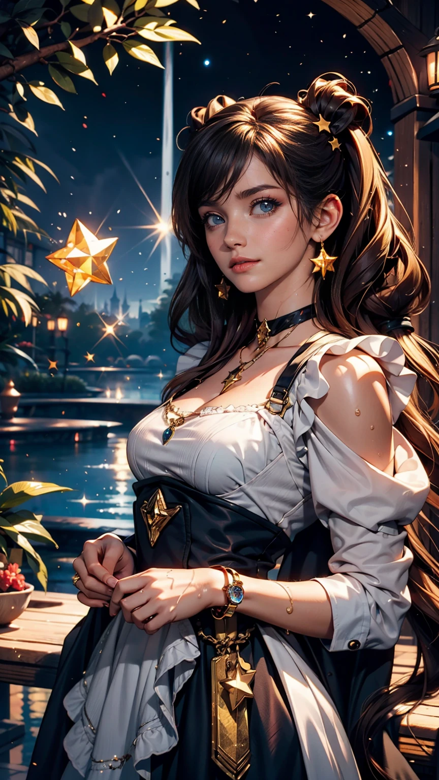 girl, Located on the corner, looking at the null, alone, Mona (Genshin Impact), choker, Hair between the eyes, star (symbol), Long Hair, Dark purple hair, Twin tails, blue eyes, Shining Eyes, jewelry, witch, Maid, bangs, Purple black dress, Purple Skirt, White apron, landscape, night null, star (null), starry null, night, Outdoor, cloud, reflection, water, magic, Tarot, water magic, ((beautiful golden crystal star)), null間, water droplets, splash