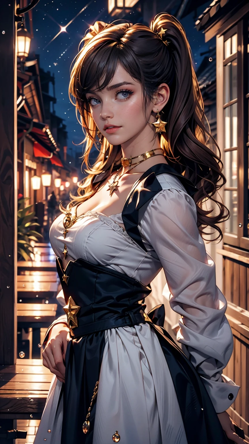 girl, Located on the corner, looking at the null, alone, Mona (Genshin Impact), choker, Hair between the eyes, star (symbol), Long Hair, Dark purple hair, Twin tails, blue eyes, Shining Eyes, jewelry, witch, Maid, bangs, Purple black dress, Purple Skirt, White apron, landscape, night null, star (null), starry null, night, Outdoor, cloud, reflection, water, magic, Tarot, water magic, ((beautiful golden crystal star)),  null間, water droplets, splash