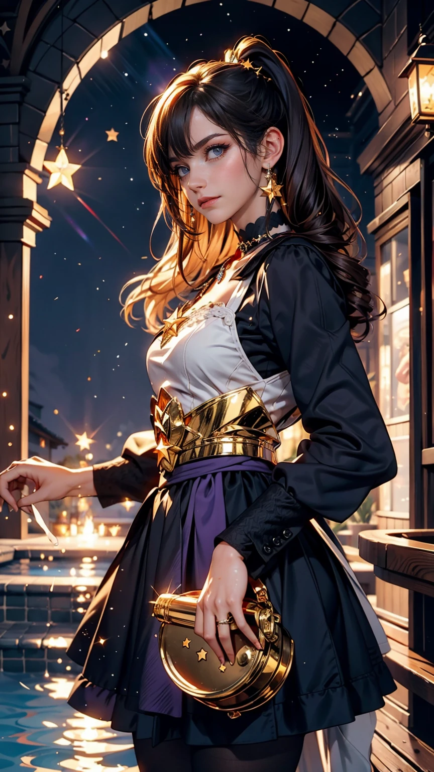 girl, Located on the corner, looking at the null, alone, Mona (Genshin Impact), choker, Hair between the eyes, star (symbol), Long Hair, Dark purple hair, Twin tails, blue eyes, Shining Eyes, jewelry, witch, Maid, bangs, Purple black dress, Purple Skirt, White apron, landscape, night null, star (null), starry null, night, Outdoor, cloud, reflection, water, magic, Tarot, water magic, ((beautiful golden crystal star)), null間, water droplets, splash