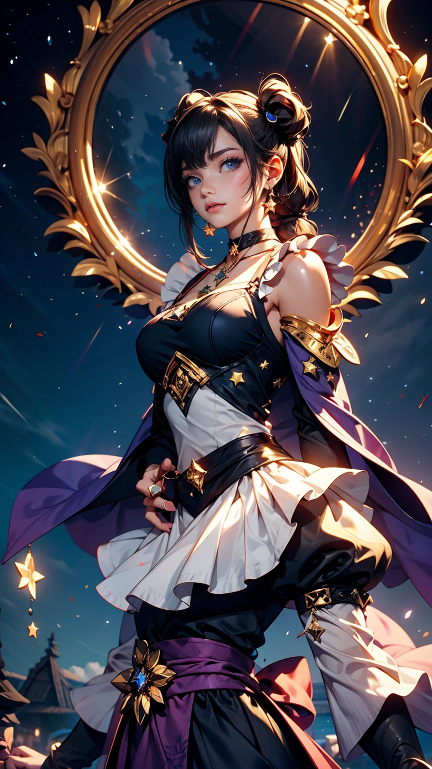 girl, Located on the corner, looking at the null, alone, Mona (Genshin Impact), choker, Hair between the eyes, star (symbol), Long Hair, Dark purple hair, Twin tails, blue eyes, Shining Eyes, jewelry, witch, Maid, bangs, Purple black dress, Purple Skirt, White apron, landscape, night null, star (null), starry null, night, Outdoor, cloud, reflection, water, magic, Tarot, water magic, ((beautiful golden crystal star)), null間, water droplets, splash