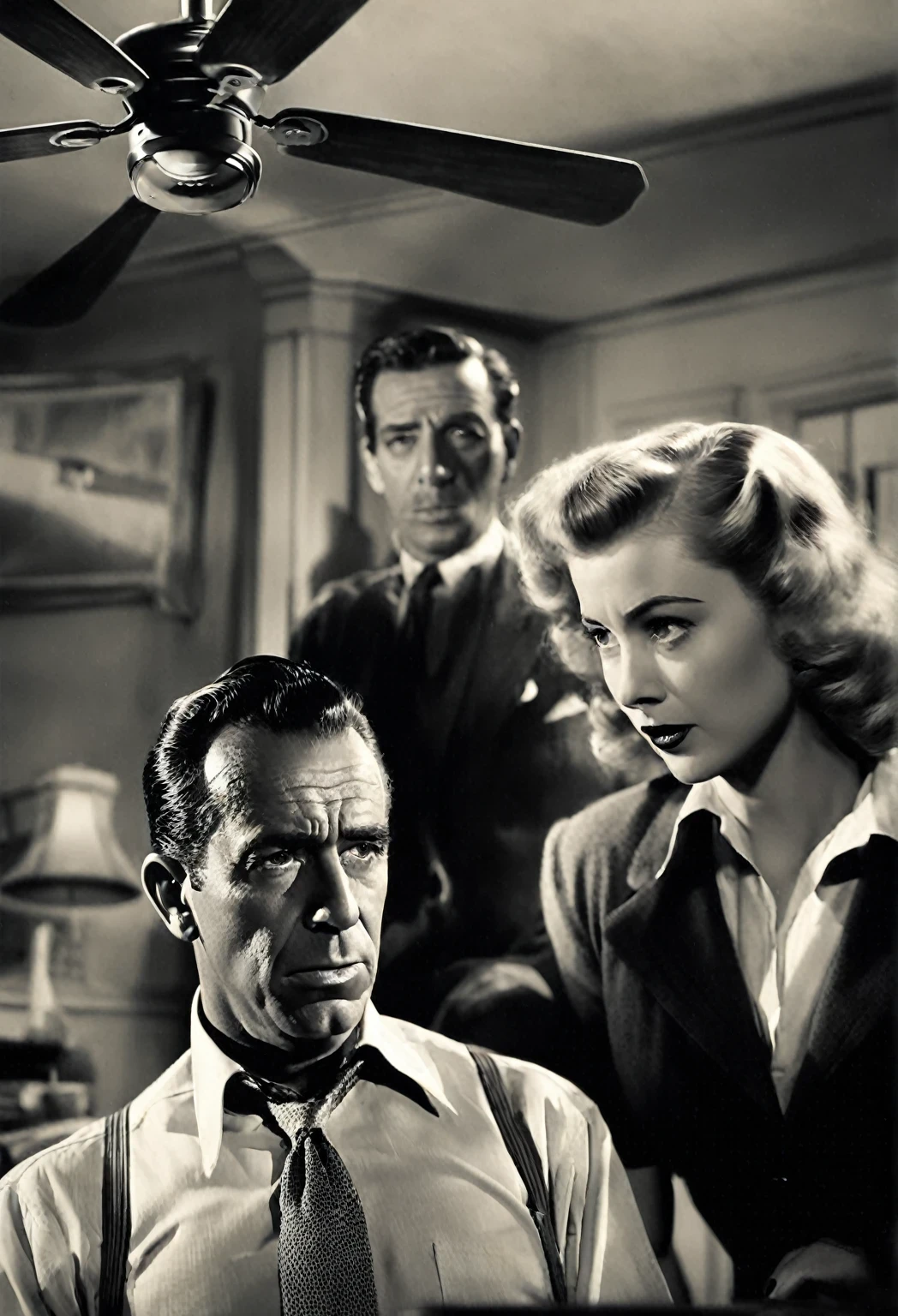 There are 3 people in a room with a fan and a ceiling fan, classic Dark Movies scene, Dark Movies realistic, Noir filmのシーン, Noir film still, 1 9 4 0 s Dark Movies, gritty Dark Movies, 1950s Dark Movies, Dark Movies, Dark Movies style, Noir film, vintage noir, Noir Photorealism, Dark Movies lighting
