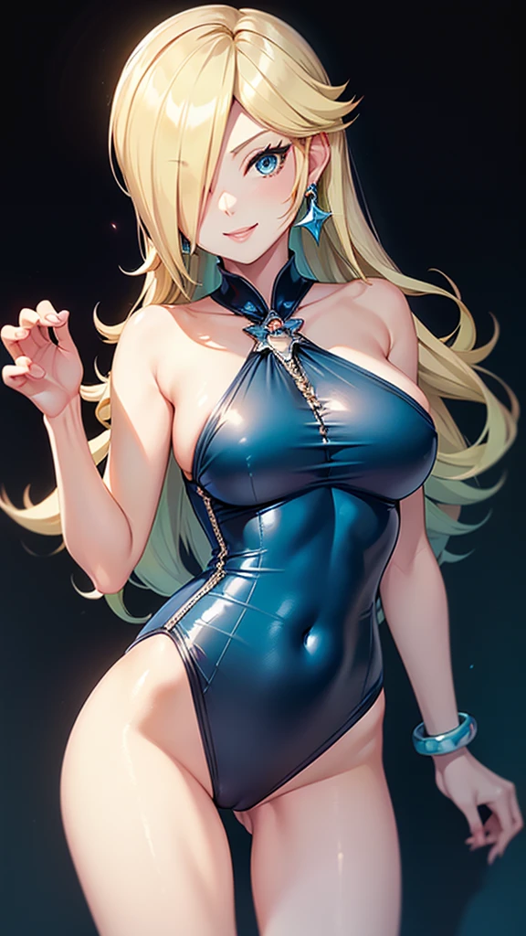 Erotic Rosalina, big breasts, bare shoulders, shiny, low-cut light blue one-piece swimsuit, temptation, lust, alluring, black background, evil, darkness, hollow eyes, smile, mouth slightly open