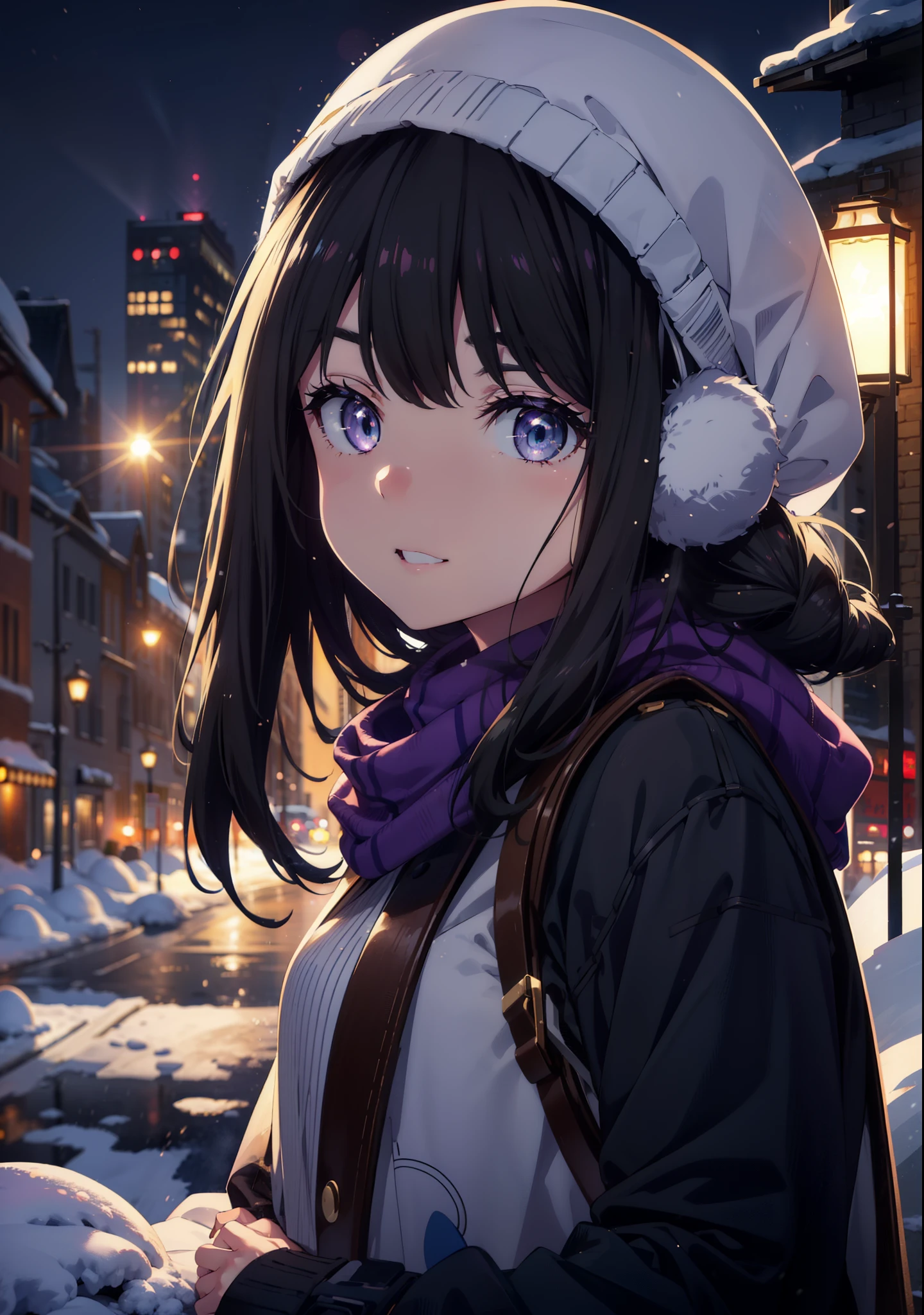 Takiuchikami,Long Hair, bangs, Black Hair, (Purple eyes:1.2),happy smile, smile, Open your mouth,Knitted hat,Earmuffs,Blue oversized coat,White scarf,Long skirt,Black pantyhose,short boots,snowが積もっている,snowが降っている,winter,Cold Sky,night,moonlight,snow,snow,snow,snow,whole bodyがイラストに入るように,Walking,
break looking at viewer, whole body,
break outdoors, city,construction area,
break (masterpiece:1.2), highest qualそれy, High resolution, unそれy 8k wallpaper, (shape:0.8), (Beautiful and beautiful eyes:1.6), Highly detailed face, Perfect lighting, Extremely detailed CG, (Perfect hands, Perfect Anatomy),