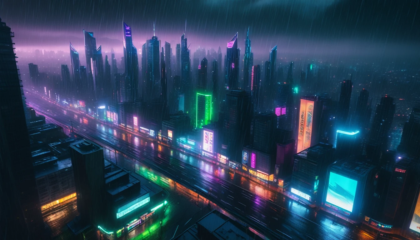 a near futuristic city at night, above angle of an empty highway above the ground, skyscrapers, cyberpunk city,neon lights,glowing buildings,rainy weather,dramatic lighting,cinematic atmosphere,(best quality,4k,8k,highres,masterpiece:1.2),ultra-detailed,(realistic,photorealistic,photo-realistic:1.37),cinematic,dramatic,moody,cyberpunk,neon,rainy,glowing,urban,futuristic