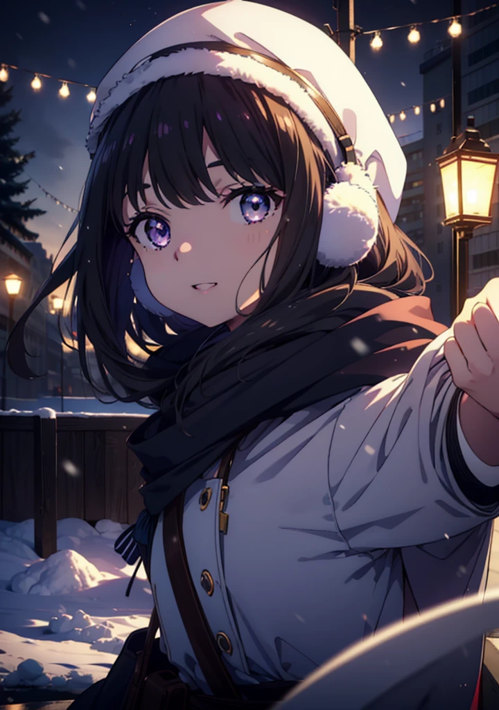 Takiuchikami,Long Hair, bangs, Black Hair, (Purple eyes:1.2),happy smile, smile, Open your mouth,Knitted hat,Earmuffs,Blue oversized coat,White scarf,Long skirt,Black pantyhose,short boots,snowが積もっている,snowが降っている,winter,Cold Sky,night,moonlight,snow,snow,snow,snow,whole bodyがイラストに入るように,Walking,
break looking at viewer, whole body,
break outdoors, city,construction area,
break (masterpiece:1.2), highest qualそれy, High resolution, unそれy 8k wallpaper, (shape:0.8), (Beautiful and beautiful eyes:1.6), Highly detailed face, Perfect lighting, Extremely detailed CG, (Perfect hands, Perfect Anatomy),