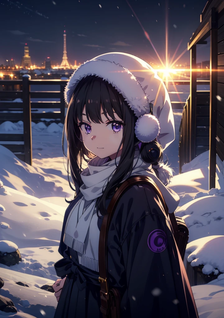 Takiuchikami,Long Hair, bangs, Black Hair, (Purple eyes:1.2),happy smile, smile, Open your mouth,Knitted hat,Earmuffs,Blue oversized coat,White scarf,Long skirt,Black pantyhose,short boots,snowが積もっている,snowが降っている,winter,Cold Sky,night,moonlight,snow,snow,snow,snow,whole bodyがイラストに入るように,Walking,
break looking at viewer, whole body, 
break outdoors, city,construction area,
break (masterpiece:1.2), highest qualそれy, High resolution, unそれy 8k wallpaper, (shape:0.8), (Beautiful and beautiful eyes:1.6), Highly detailed face, Perfect lighting, Extremely detailed CG, (Perfect hands, Perfect Anatomy),