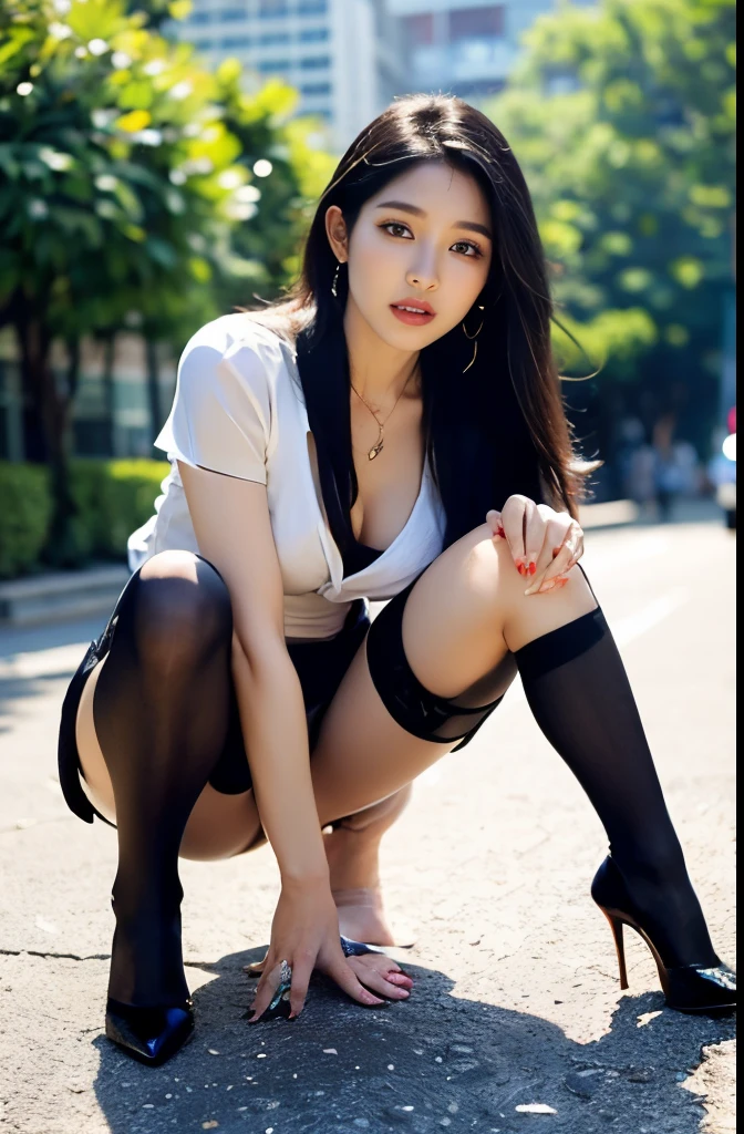 (masterpiece:1.3), (8 thousand, realistic, RAW photos, best quality: 1.4), (1 woman),(sheer silk blouse), (((short skirt))), (((양쪽 다리와 양발에 짙은색 realistic 불투명한 커피색 panty hose 신고 : 1.3))), (Stockings on both legs), (((Beautiful, small feet wearing stockings and high heels.))), (((full body shot))), (outdoors in sunny weather), (walking like a model), (Beautiful makeover), (((very slim and beautiful body))) , (((Realistic and very beautiful face))), (long eyelashes), (double eyelid), (((Very beautiful eyes, realistic and delicate))), (((High nose))), (((small nostrils))), (((beautiful mouth))), (((seductive lips))), (((big bust) )), (Strong body through exercise), (beautiful abs), (Beautiful heaps), (((tall))), (realistic face), (((black hair, parted, long hair:1.3))), (아름다운 parted스타일), (realistic and beautiful skin), (absurd), (attractive), (ultra high resolution), (extremely realistic), (very detailed), (golden ratio), (((Two long, realistic and beautiful legs))), (realistic 팔), (necklace), (earring),(beautiful nails manicure), (((So beautiful and sexy))), (((perfect secretary look)))