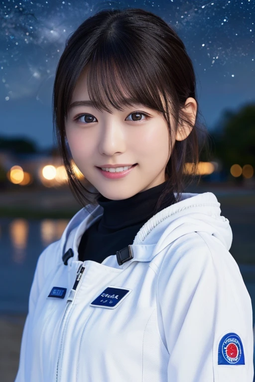 masterpiece, Highest quality, One Woman, (White space suit、turtleneck:1.2), 22 years old、(RAW Photos, Highest quality), (reality, Realistic:1.4), Upper Body、Clean look、Iris、very detailed eyes and face, Beautiful and detailed nose, beautiful eyes, Perfect Anatomy、Black short hair、bangs、Crystal skin, A cool smile、Face Focus、Movie Proof、night、The background is a starry sky