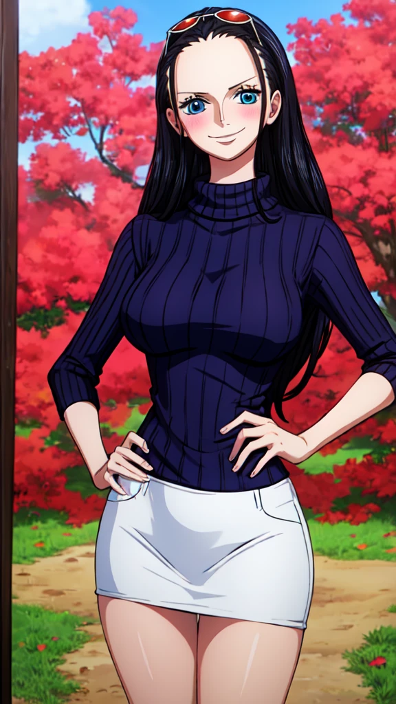 (Masterpiece), high quality, best quality, extremely detailed eyes, extremely detailed body, blush, highly detailed, Nico robin, one piece, black hair, blue eyes,  looking at viewer, long hair, blush, large breasts, 1girl, forehead, solo, long hair, smile, upper body, blue sweater, hand on hip, turtleneck, eyewear on head, ribbed sweater