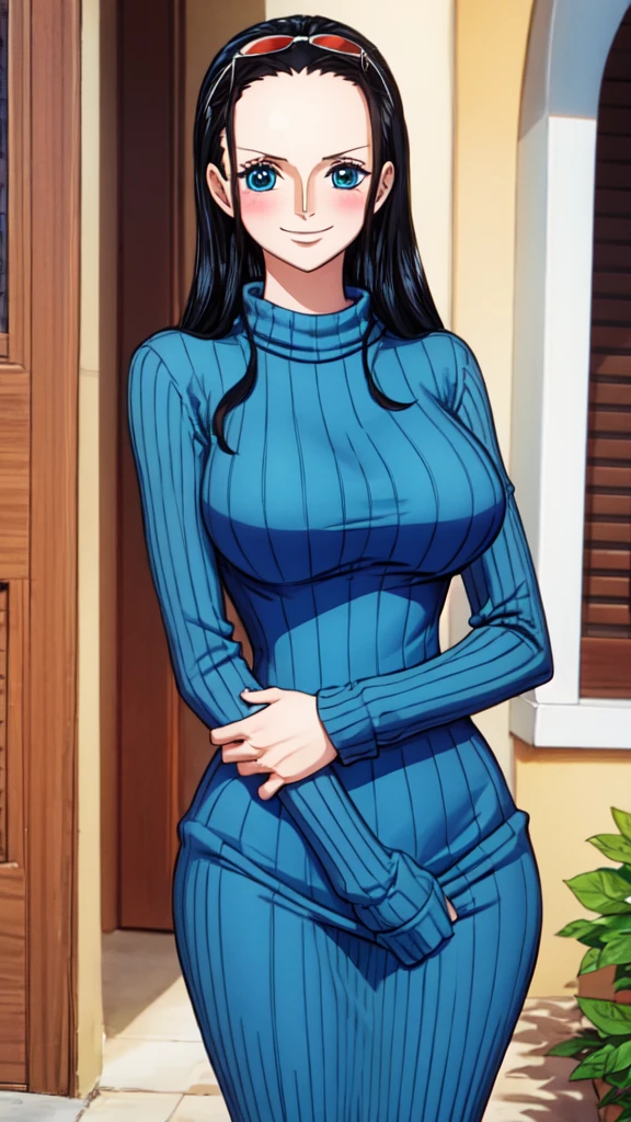 (Masterpiece), high quality, best quality, extremely detailed eyes, extremely detailed body, blush, highly detailed, Nico robin, one piece, black hair, blue eyes,  looking at viewer, long hair, blush, large breasts, 1girl, forehead, solo, long hair, smile, upper body, blue sweater, hand on hip, turtleneck, eyewear on head, ribbed sweater