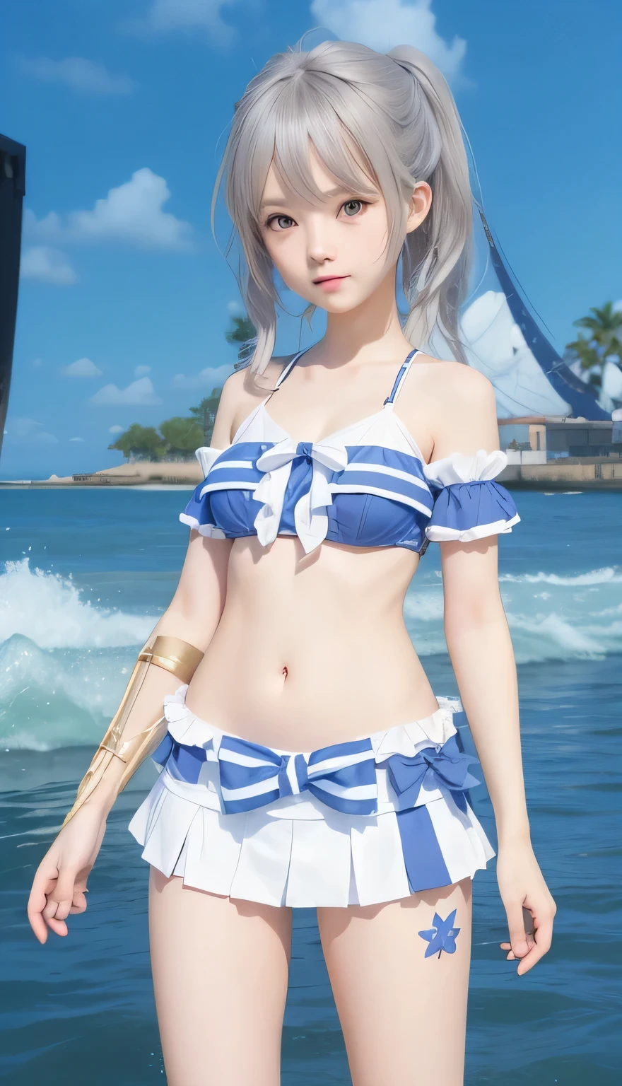 off the shoulder dress,a girl,swimsuit,white hair,Genshin,Paimon,genshin,Show your waist,Smile,portrait,sexy,ta